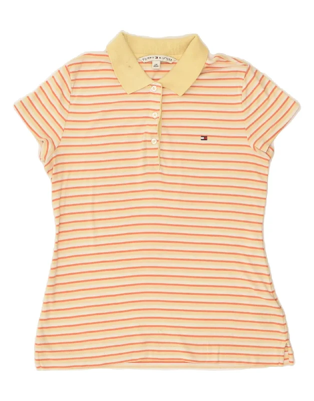 TOMMY HILFIGER Womens Polo Shirt UK 14 Large Beige Striped Cotton Fashionable Plaid Short Sleeve