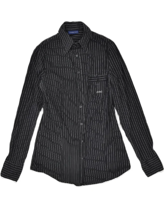 TRUSSARDI Womens Shirt UK 12 Medium Black Pinstripe Cotton Stylish Round Neck Shirt