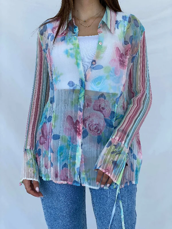Vintage 90s SE STENAU Sheer Floral Shirt - Size XL Trendy Floral Short Sleeve