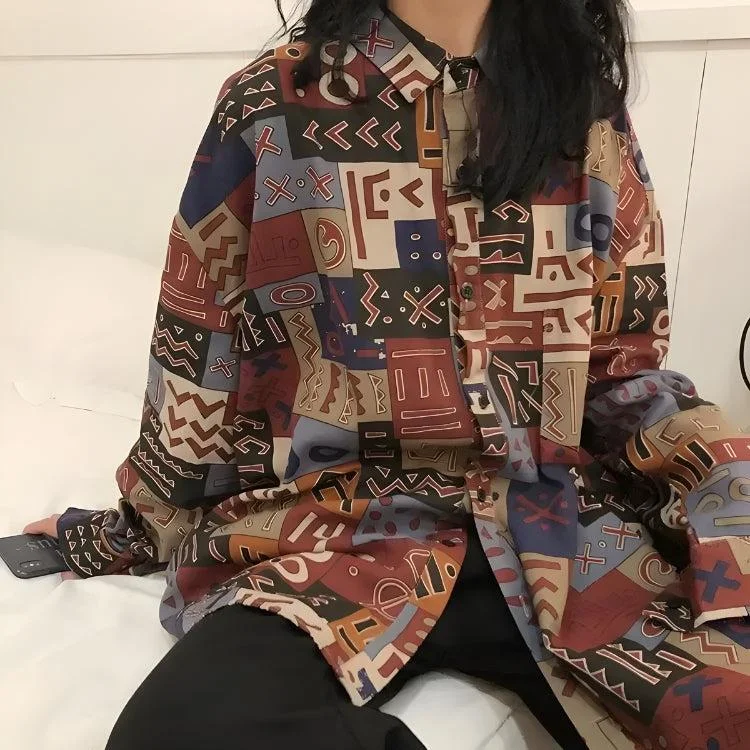 Vintage Abstract Designed Shirt Stylish Pleated Short Sleeve