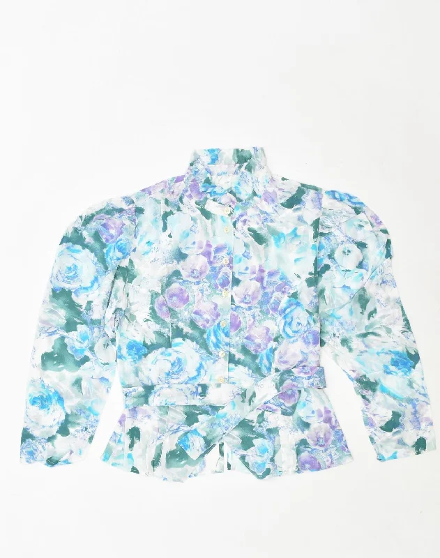 VINTAGE Womens Shirt Blouse IT 42 Medium Blue Floral Polyester Classic V-Neck Short Shirt