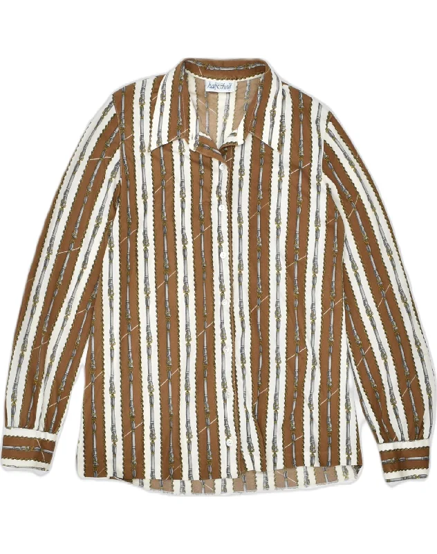 VINTAGE Womens Shirt UK 14 Medium Brown Striped Polyester Chic Silk Short Sleeve Shirt