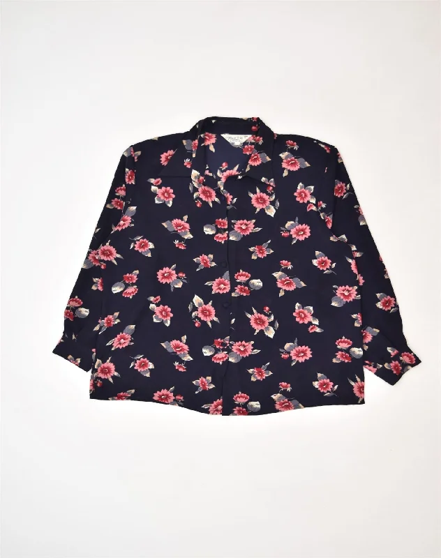 VINTAGE Womens Shirt UK 16 Large Navy Blue Floral Cozy Linen Short Shirt