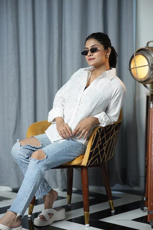 White with Stripes 100% Cotton Full Sleeves Women's Shirt Chic Button-Up Short Shirt White with Stripes 100% Cotton Full Sleeves Women's Shirt Chic Button-Up Short Shirt