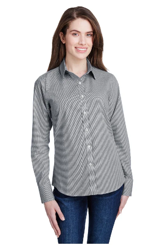 Women's Microcheck Long Sleeve Cotton Shirt (Black / White) Soft Silk Short Sleeve