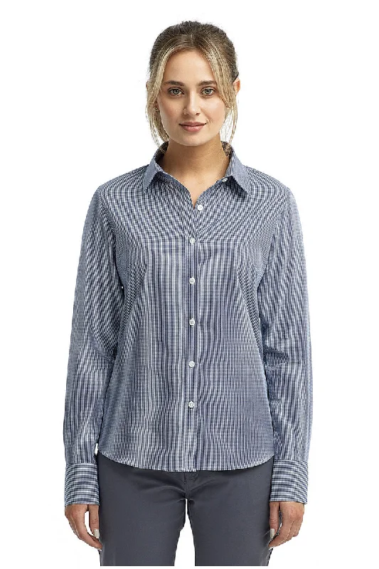 Women's Microcheck Long Sleeve Cotton Shirt (Navy / White) Fashionable Plaid Short Sleeve