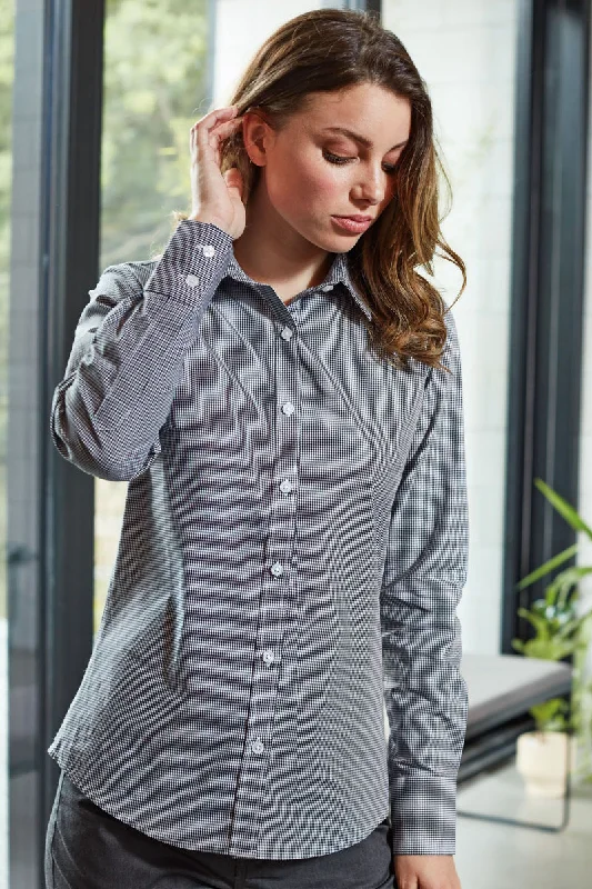 Women's Microcheck Long Sleeve Cotton Shirt Fashionable Rounded Short Shirt