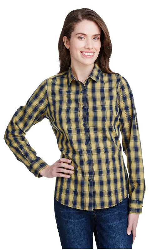 Women's Mulligan Check Long Sleeve Cotton Shirt (Camel / Navy) Relaxed Fit Short Tunic