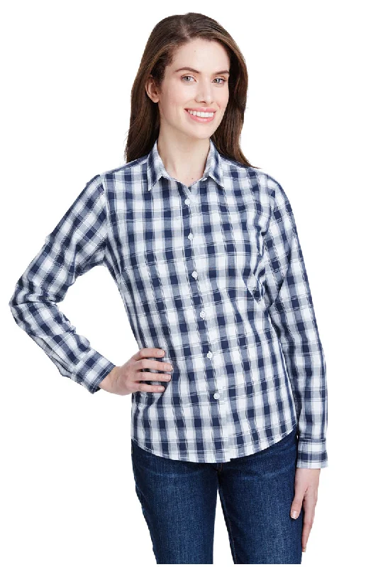 Women's Mulligan Check Long Sleeve Cotton Shirt (White / Navy) Trendy Print Short Sleeve