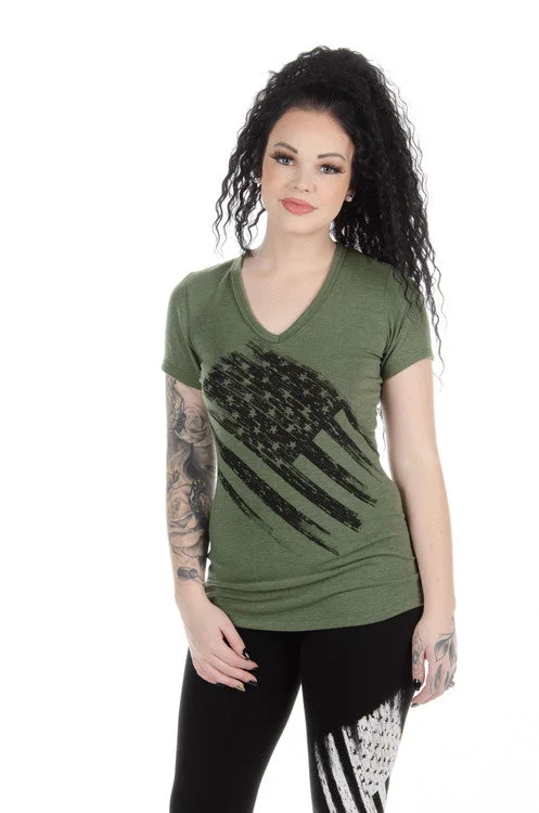Ladies Green American Flag Shirt 7131 BS USA Trendy Button-Front Short Sleeve