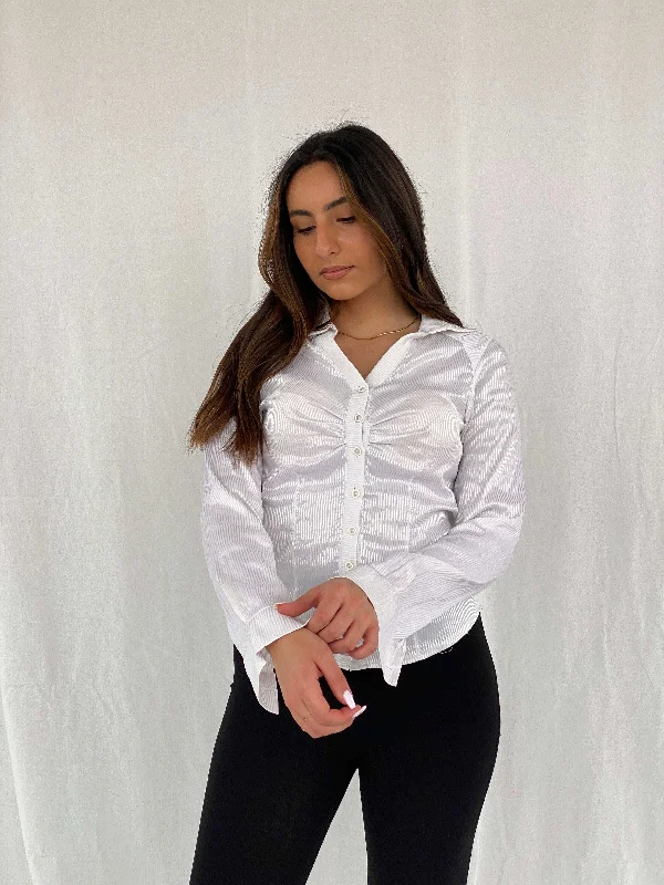 Y2K Donetti Office Core Siren Striped Shirt - Size S Fashionable Draped Short Sleeve Y2K Donetti Office Core Siren Striped Shirt - Size S Fashionable Draped Short Sleeve