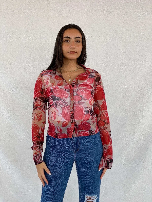 Y2K Mexx Floral Sheer Shirt Trendy Sleeveless Short Shirt