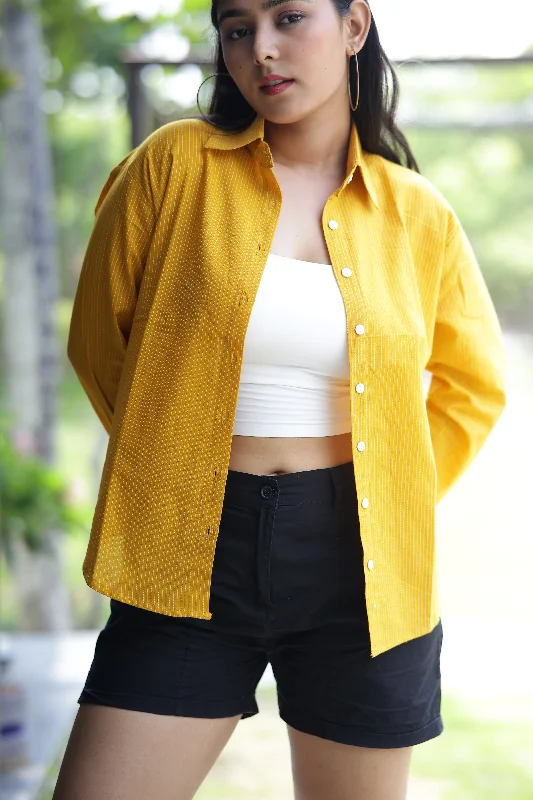 Yellow Self  Striped 100% Cotton Full Sleeves Women's Shirt Chic V-Neck Short Blouse