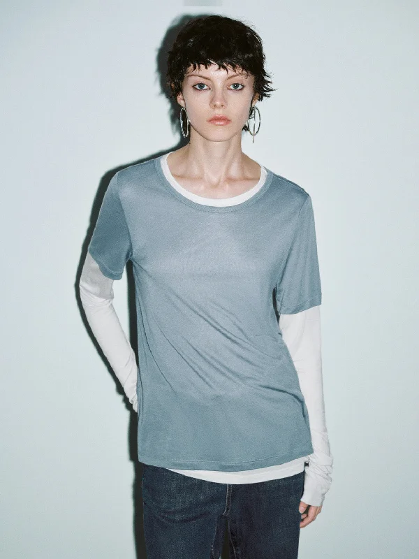 2 In 1 Crew Neck Straight T-Shirt Hooded Caped Shawl Collar