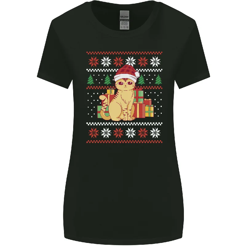 A Cute Christmas Cat With Presents Xmas Womens Wider Cut T-Shirt Machine Wash Dry Clean Hand Wash A Cute Christmas Cat With Presents Xmas Womens Wider Cut T-Shirt Machine Wash Dry Clean Hand Wash