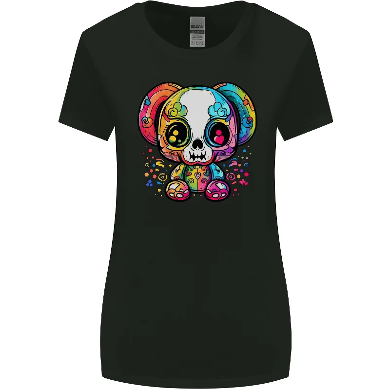 A Cute Teddy Bear Demon Skull Womens Wider Cut T-Shirt Beaded Sequined Faux Fur