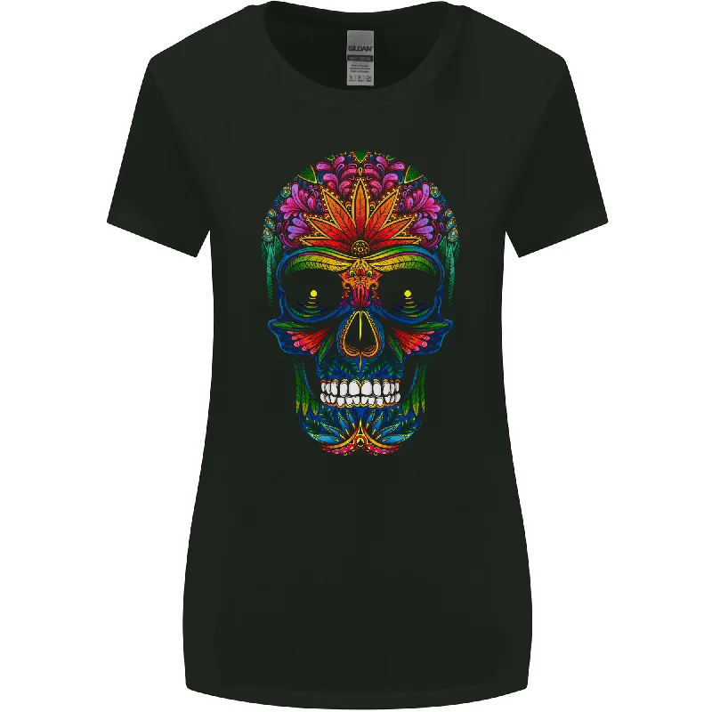 A Day of the Dead Sugar Skull Womens Wider Cut T-Shirt Denim Fabric Leather Fabric Suede Fabric