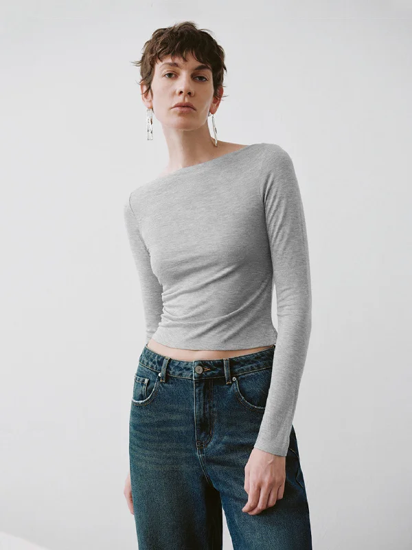Boat Neck Skinny T-Shirt Wool Fabric Cashmere Fabric Tweed Fabric