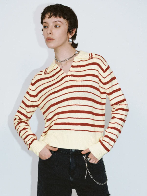 Collared Neck Striped Knitted T-Shirt Seamless Knitted Crochet