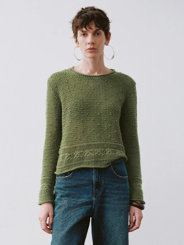 Crew Neck Loose Knitted T-Shirt Mesh Blend Leather Blend Suede Blend