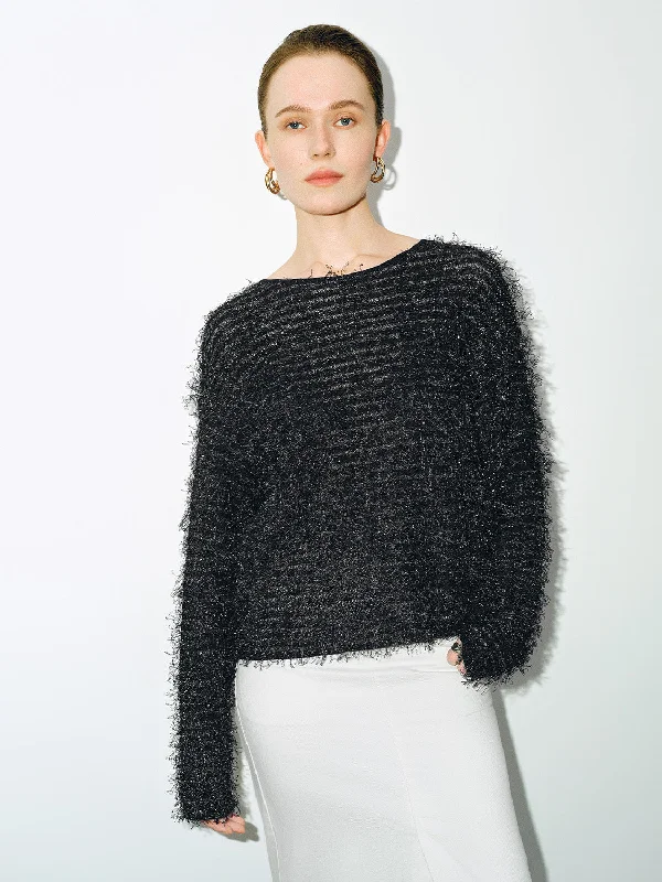 Fuzzy Crew Neck Loose Knitted T-Shirt Spandex Blend Rayon Blend Denim Blend