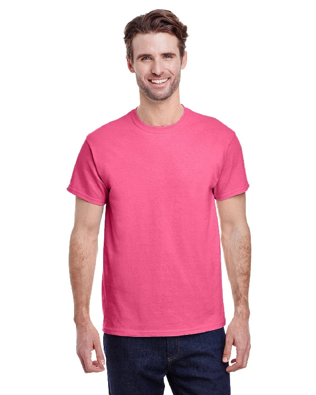 Gildan Heavy Cotton T-Shirt | Safety Pink Striped Floral Plaid