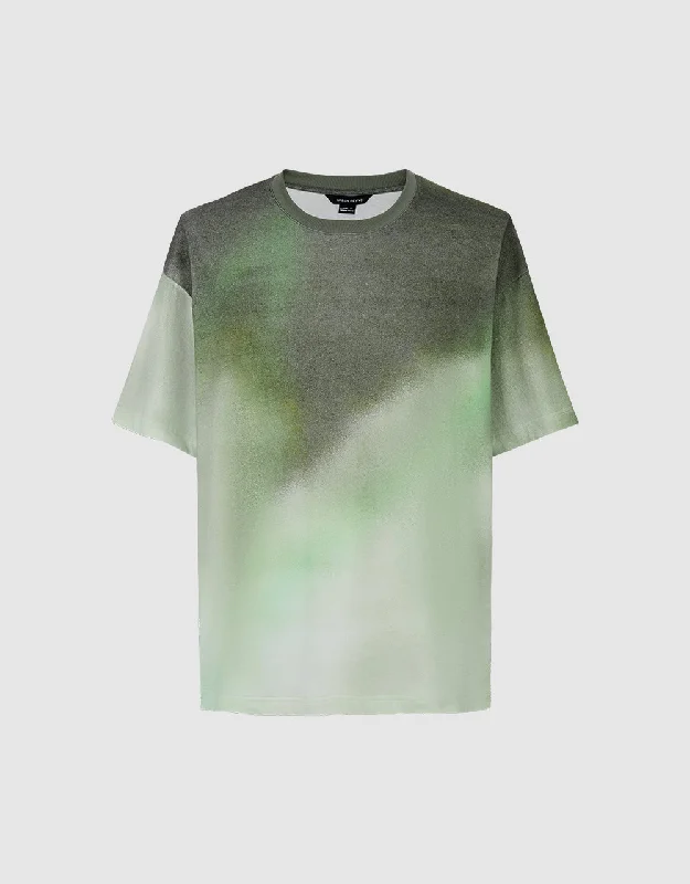 Gradient Crew Neck Loose T-Shirt Mesh Blend Leather Blend Suede Blend