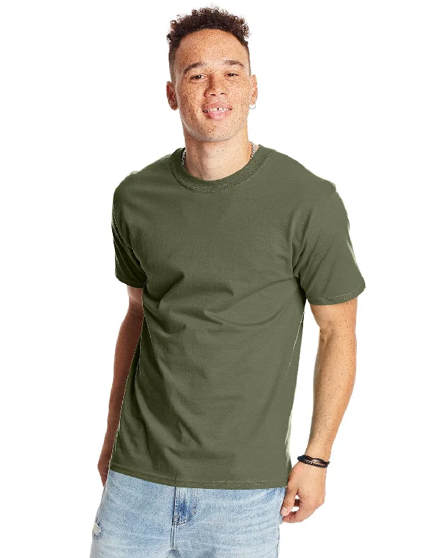 Hanes Beefy-T T-Shirt | Fatigue Green Striped Floral Plaid