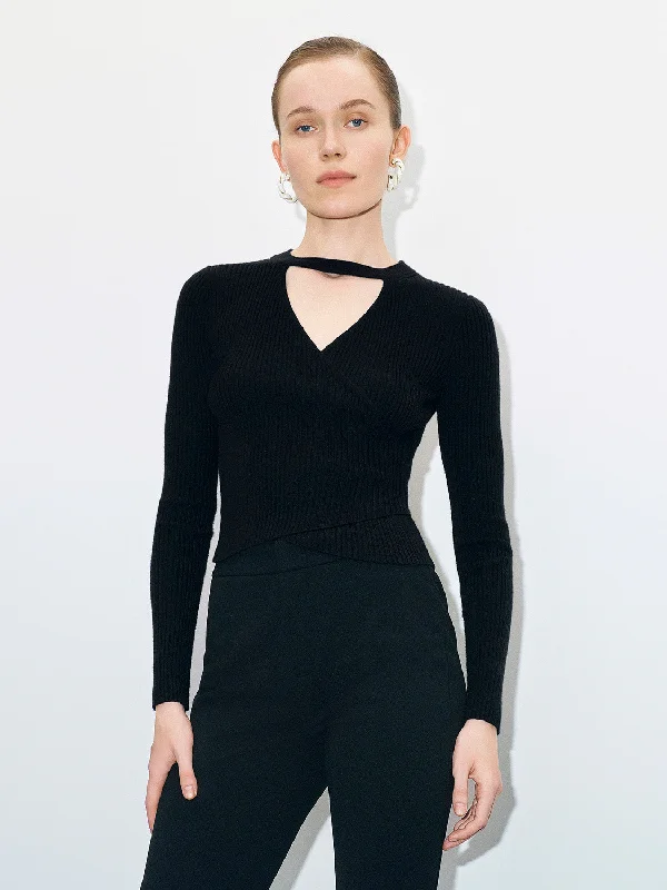 Keyhole Neck Skinny Knitted T-Shirt Satin Blend Silk Blend Wool Blend