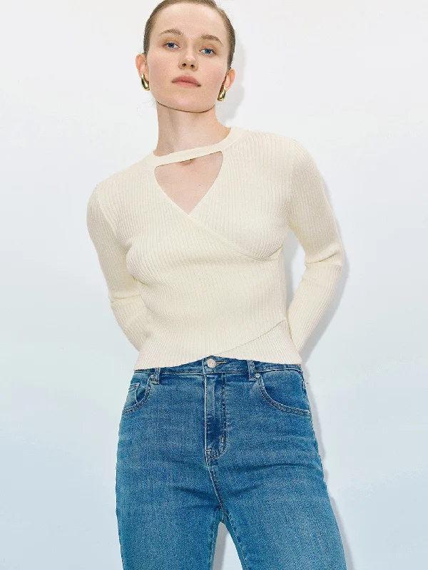Keyhole Neck Skinny Knitted T-Shirt Chenille Brocade Lace