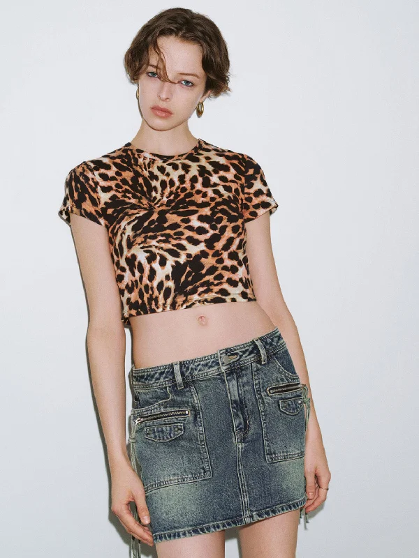 Leopard Printed Crew Neck Skinny T-Shirt Fitted T-Shirt Seamless Stretchy