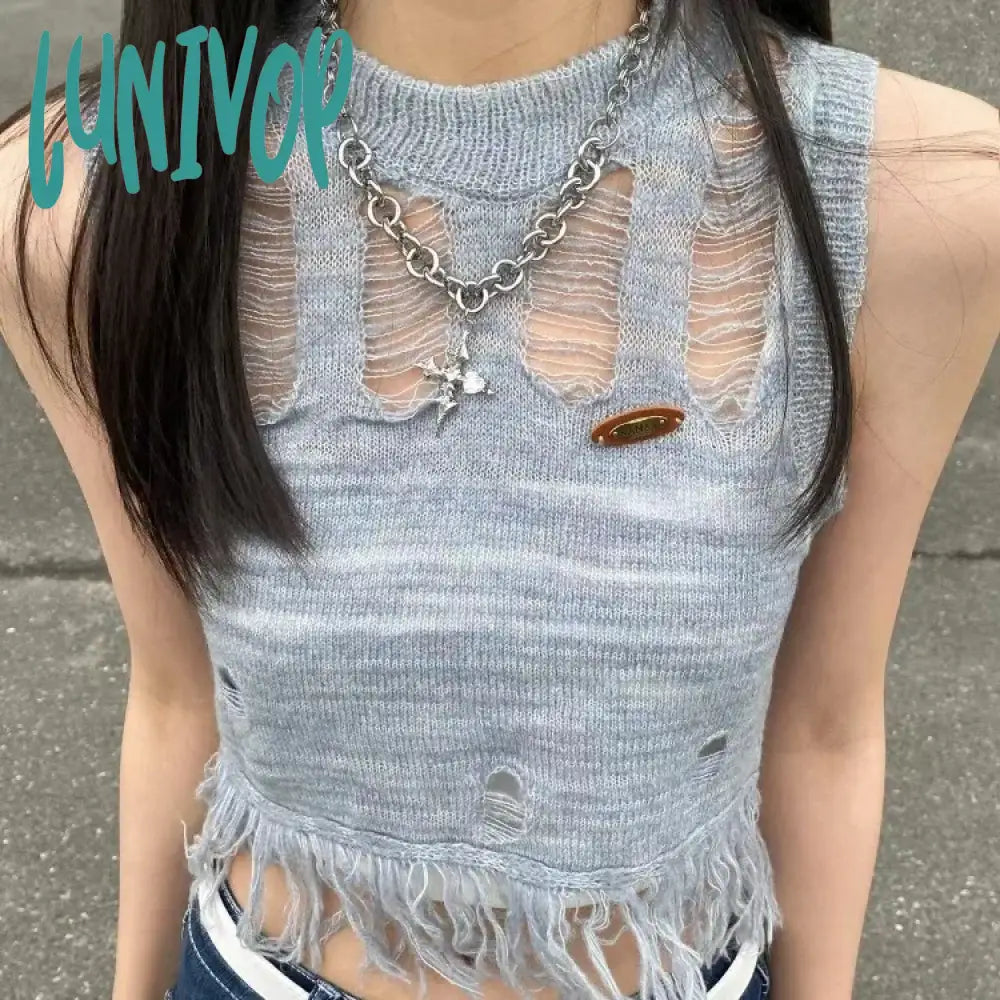 Lunivop 2024 Summer New Sleeveless T-shirts Vintage Fashion Hollow Out Hole Vet for Women Y2k Grunge Slim Fit Knitted Tops Mujer Welt Pockets Slit Pockets