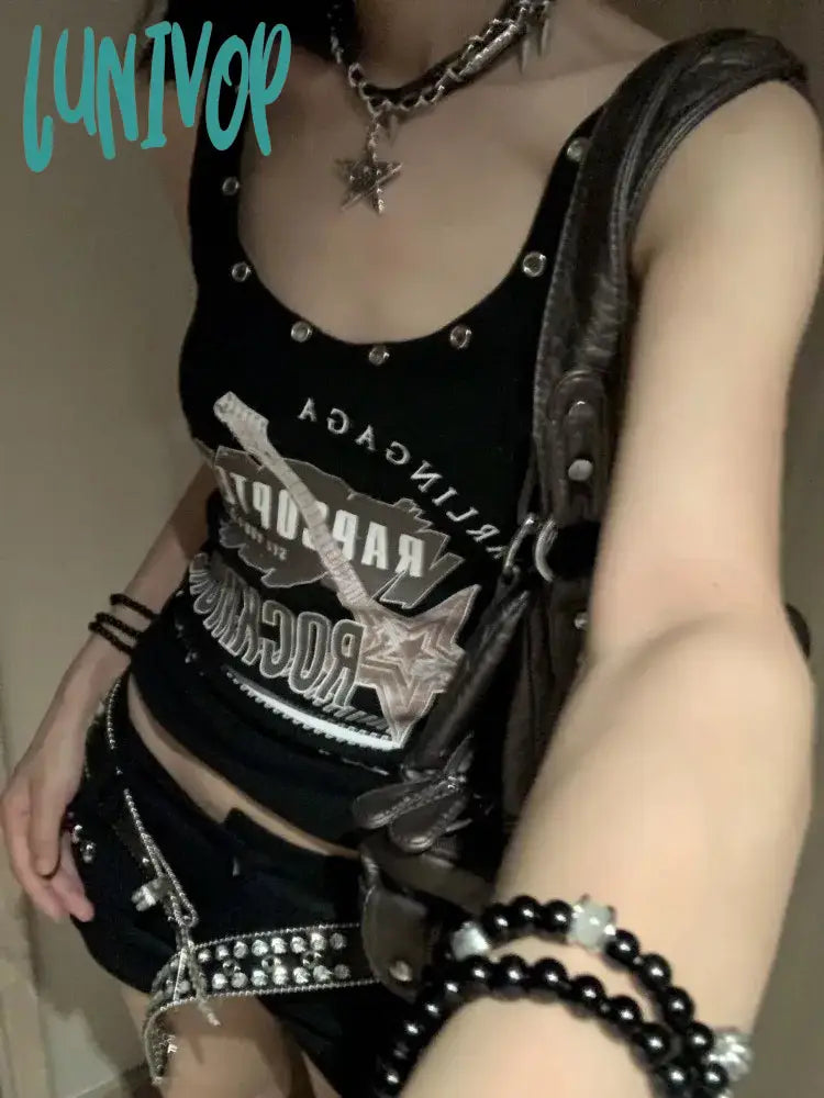Lunivop American Vintage Punk Rock Camisole for Women Summer Sexy Slim Fit Print T-shirts Y2k E-Girl Sleeveless Black Tops Welt Pockets Slit Pockets Lunivop American Vintage Punk Rock Camisole for Women Summer Sexy Slim Fit Print T-shirts Y2k E-Girl Sleeveless Black Tops Welt Pockets Slit Pockets