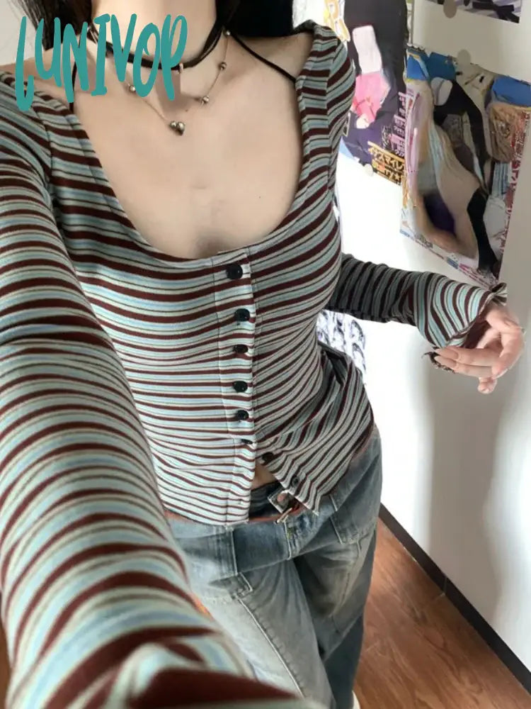 Lunivop Autumn Trendy Sexy Striped Contrast Color Crop Top Y2k Slim Bottoming Button Women T-shirt New Casual Vintage Long Sleeve Tshirt Zippered Front Buttoned Front Snap Front Lunivop Autumn Trendy Sexy Striped Contrast Color Crop Top Y2k Slim Bottoming Button Women T-shirt New Casual Vintage Long Sleeve Tshirt Zippered Front Buttoned Front Snap Front