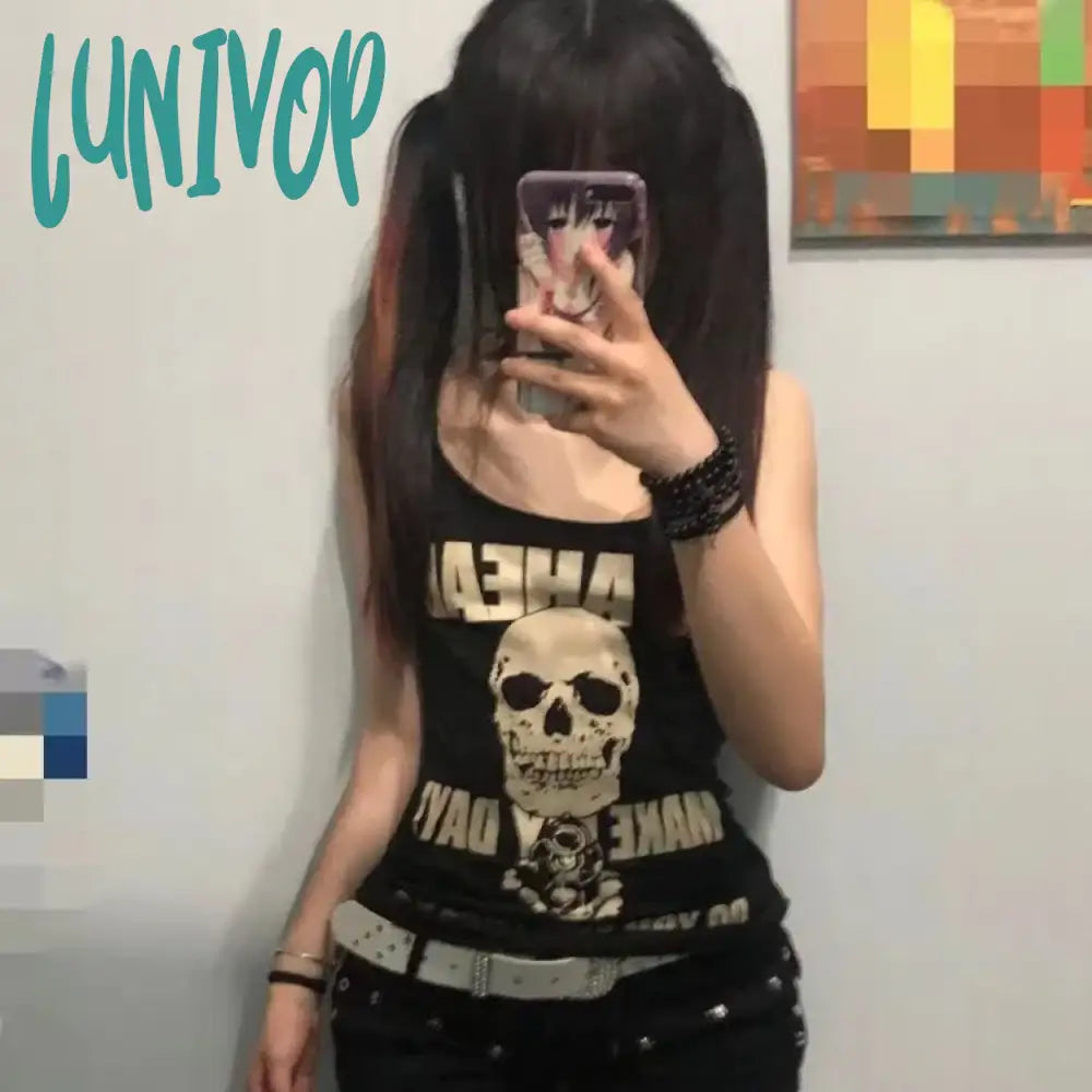Lunivop Punk Skull Rose Print Vest T-shirts 2024 Summer New Sleeveless Tops Women Y2k Grunge O-neck Slim Fit Black Tee Shirt Cozy Warm Stylish