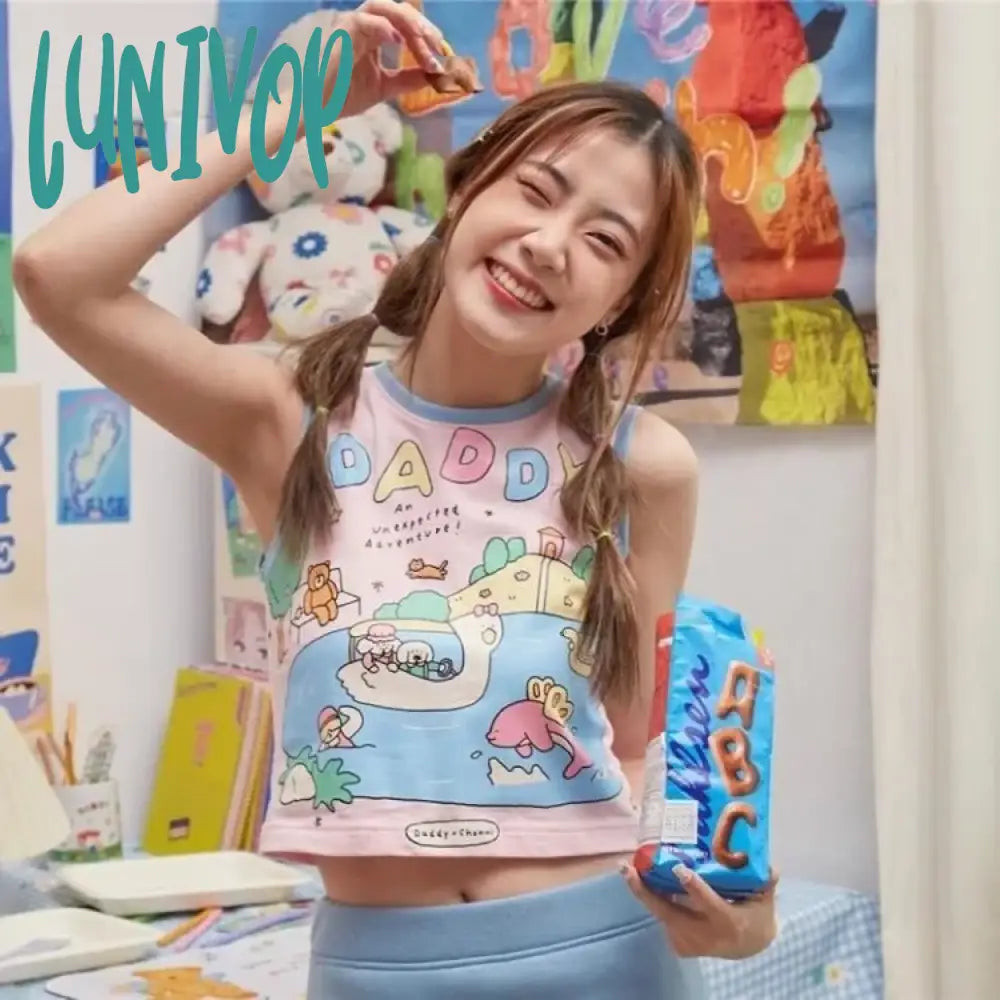 Lunivop Sweet Hand Drawn Graffiti Vest for Women 2024 Summer New O-neck Pink Blue Tank Top Y2k E-Girl Sleeveless Loose T-shirts Lace Blend Ribbed Blend Corduroy Blend