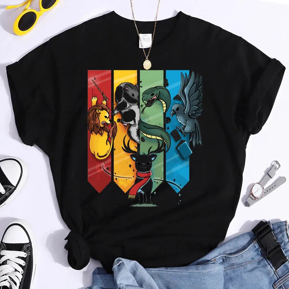 Magic Animal Ladies T Clothing T-shirts Short Sleeve Fashion Female Graphic Tees Hogwarts Print Summer Casual Tshirts Clothes Casual Formal Business