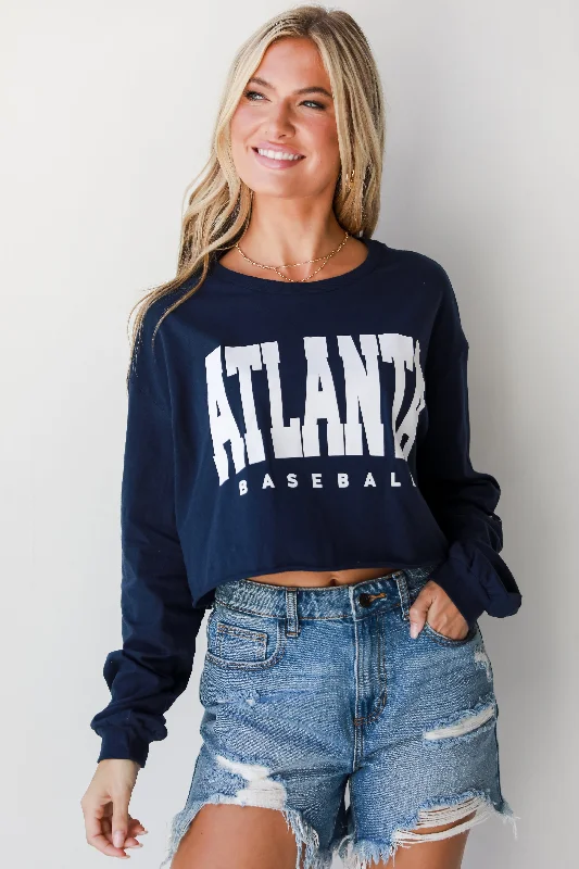 Navy Atlanta Baseball Cropped Long Sleeve Tee Fleece Nylon Spandex