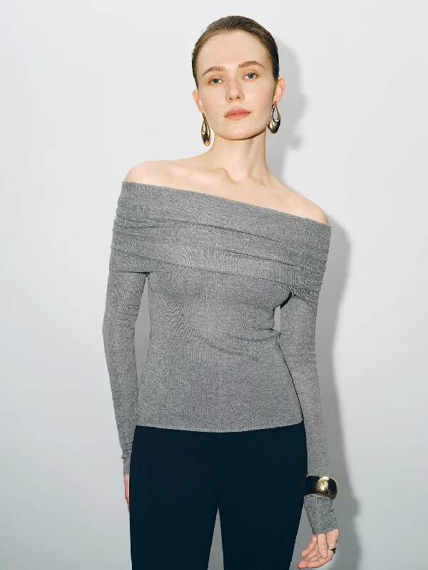 Off-Shoulder Skinny Knitted T-Shirt Lace Blend Ribbed Blend Corduroy Blend