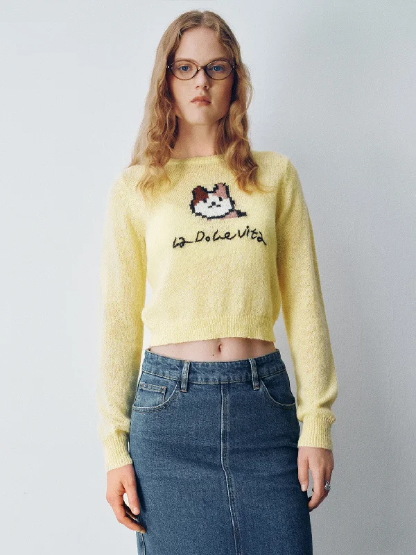 Pixel Cat Printed Knitted T-Shirt Silk Blend Satin Velvet