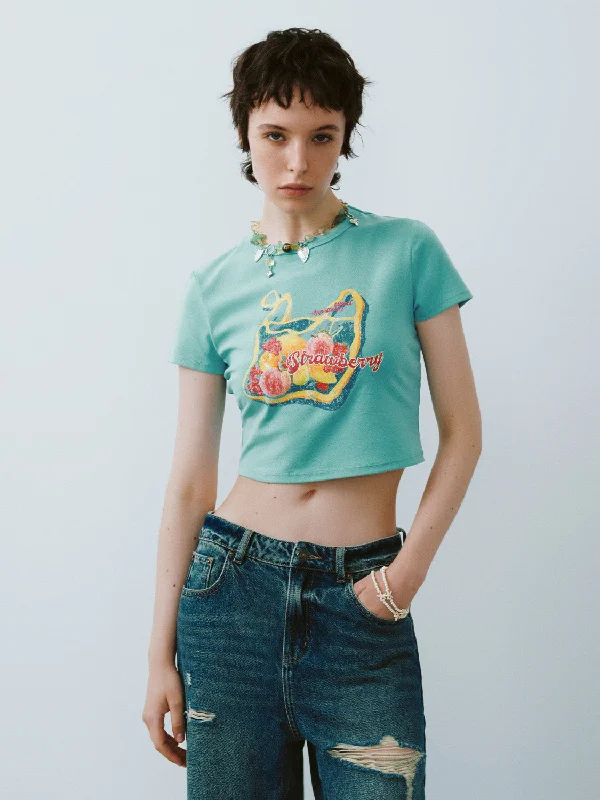 Printed Crew Neck Skinny T-Shirt Jersey Fabric Tulle Fabric Batik Fabric