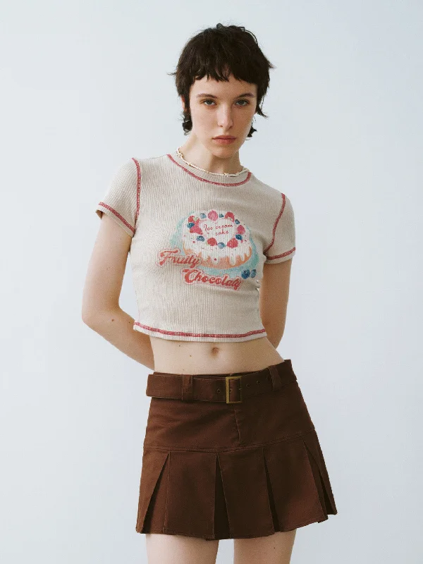 Printed Crew Neck Skinny T-Shirt Mesh Canvas Denim