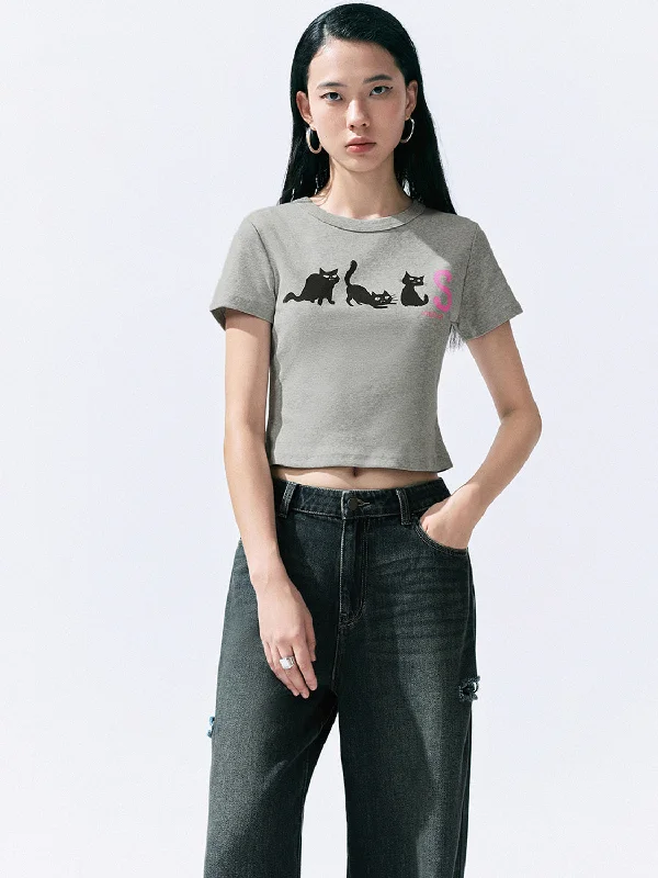 Printed Crew Neck Skinny T-Shirt Embroidered Appliqued Beaded