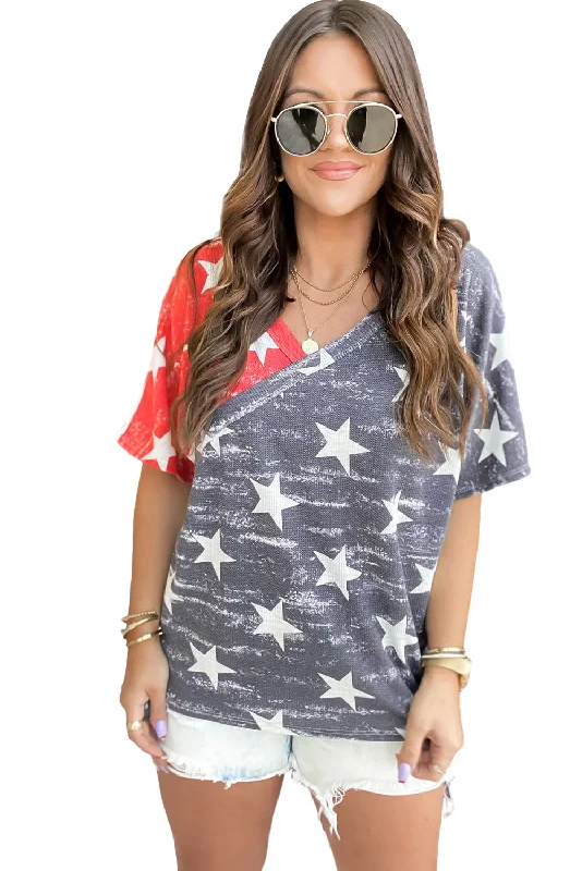 Summer Star Print T-Shirt Notch Collar Peter Pan Collar Cowl Neck