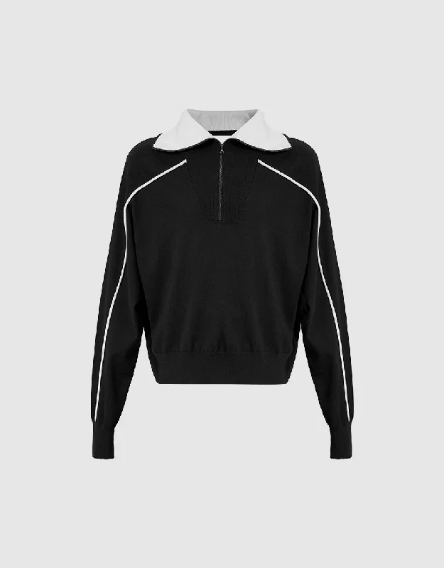 Zip Half Placket Knitted T-Shirt Lace Blend Ribbed Blend Corduroy Blend