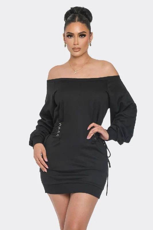 Black Lace-Up Off the Shoulder Mini Dress Trendy A-Line Mini Dress