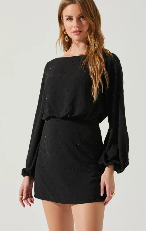 Black Rhinestone Long Sleeve Mini Dress by ASTR the label Trendy Tulle Mini Dress