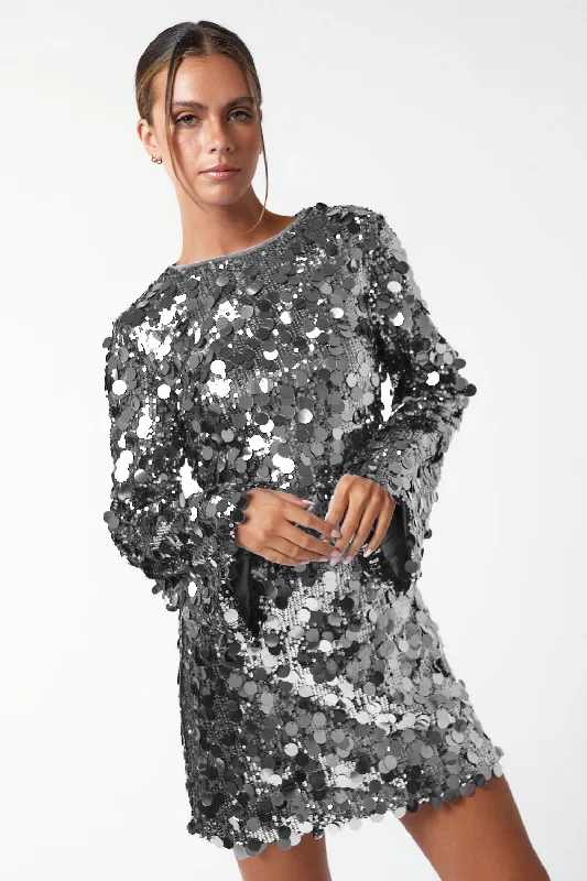 Short Sequin Bell Long Sleeve Mini Dress Elegant Sequin Mini Dress