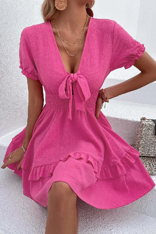 PUFF LACE RUFFLED TIED CHEST MINI DRESS Comfortable One-Shoulder Mini Dress