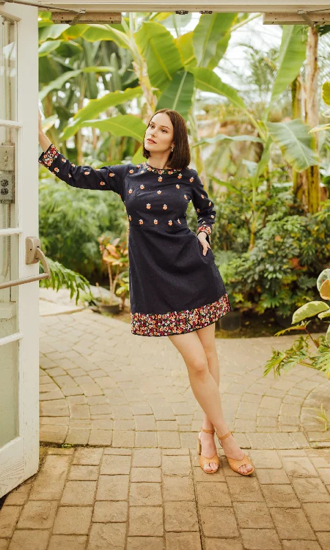 D1101 Full Sleeves Mini Dress with Embroidery Comfortable Fit-and-Flare Mini Dress